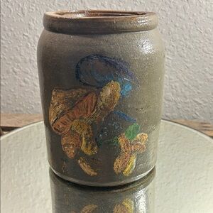 Vintage Crock with Handmade Mushroom Artistic Design Cottage Core